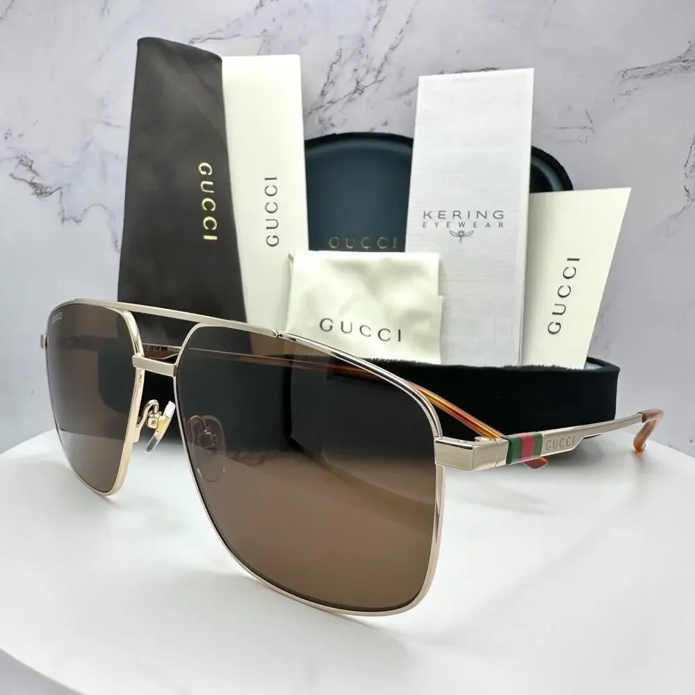 New GUCCI Sunglasses Gold Metal Square Aviator Pilot Red Green Web Logo Mens